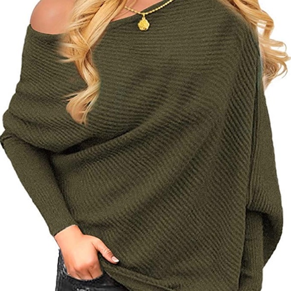 Off shoulder ribbed knit bat wing sweater green - Picture 2 of 6
